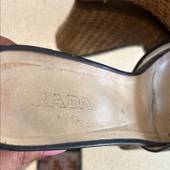 Prada Black and Tan Bamboo Woven Wedge Sandals - Picture 2 of 11